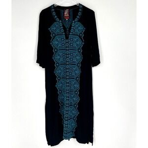 Johnny Was Dress Women XS Embroidered Black Blue Tribal Boho Coverup Maxi Kaftan